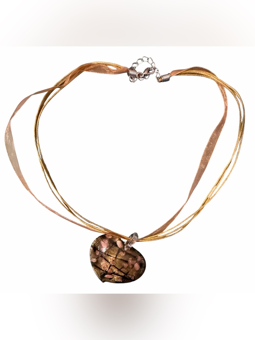 Gold Pink Murano Style Art Glass Pendant Necklace Multi Cord Ribbon Choker